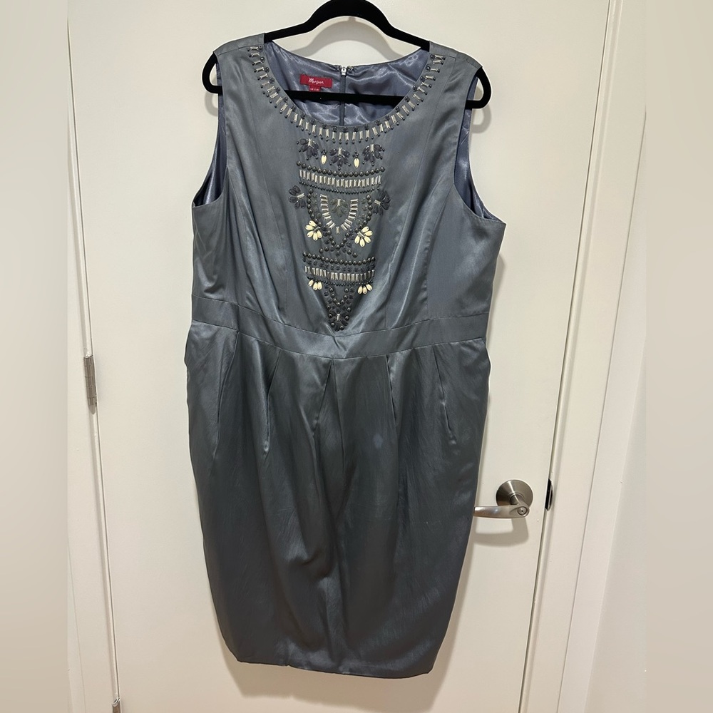 Monsoon Beaded Silver Silk Cocktail Dress - Size 18
